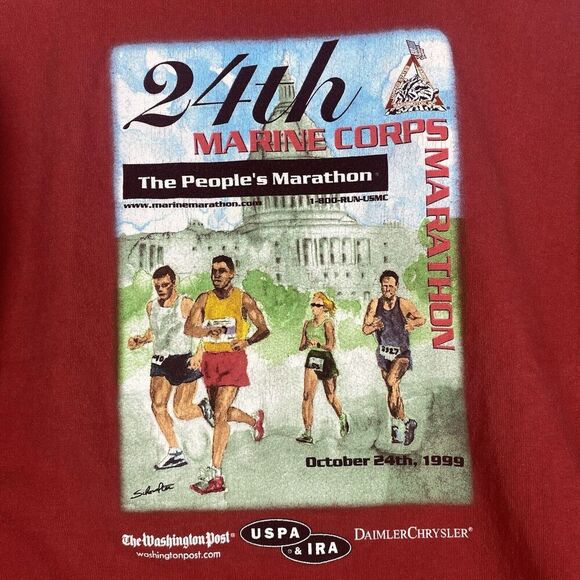 Vintage 90s Marina Corps Marathon USMC Shirt Mens Extra Large Red Long Sleeve - Picture 5 of 10